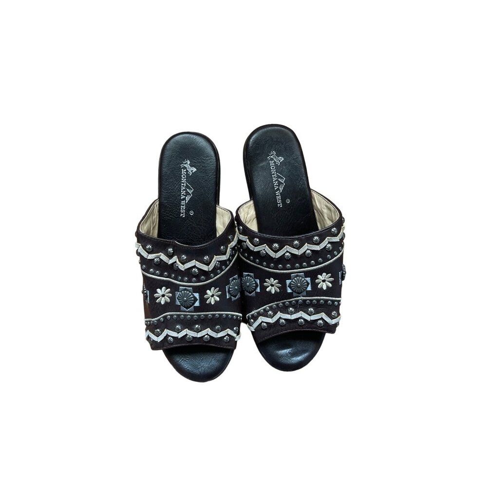 Montana West Womens Brown Western Studded Concho Platform Slide Sandals Size 7